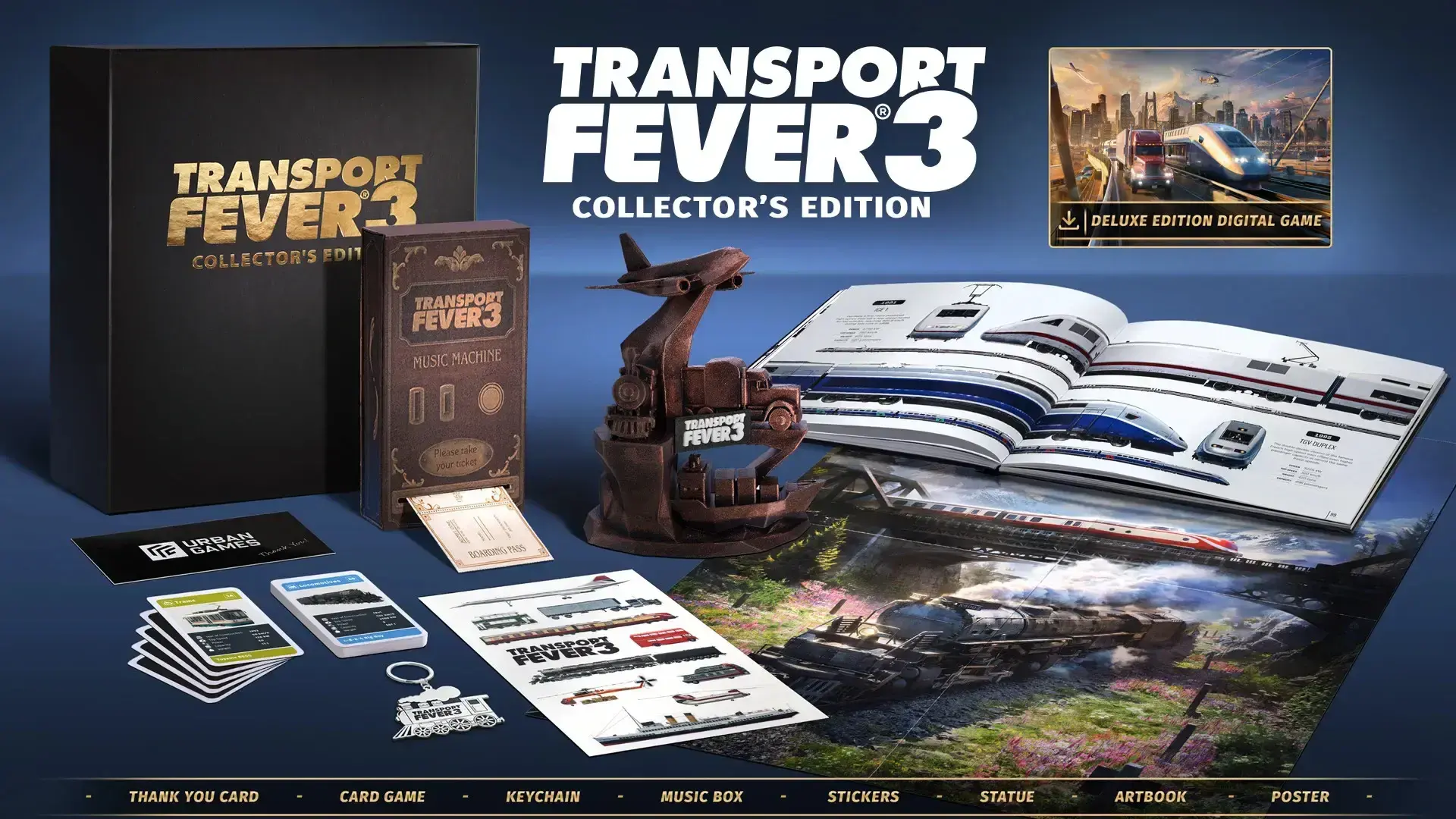Transport Fever 3 Collector’s Edition promotional art showing the game box and physical items.