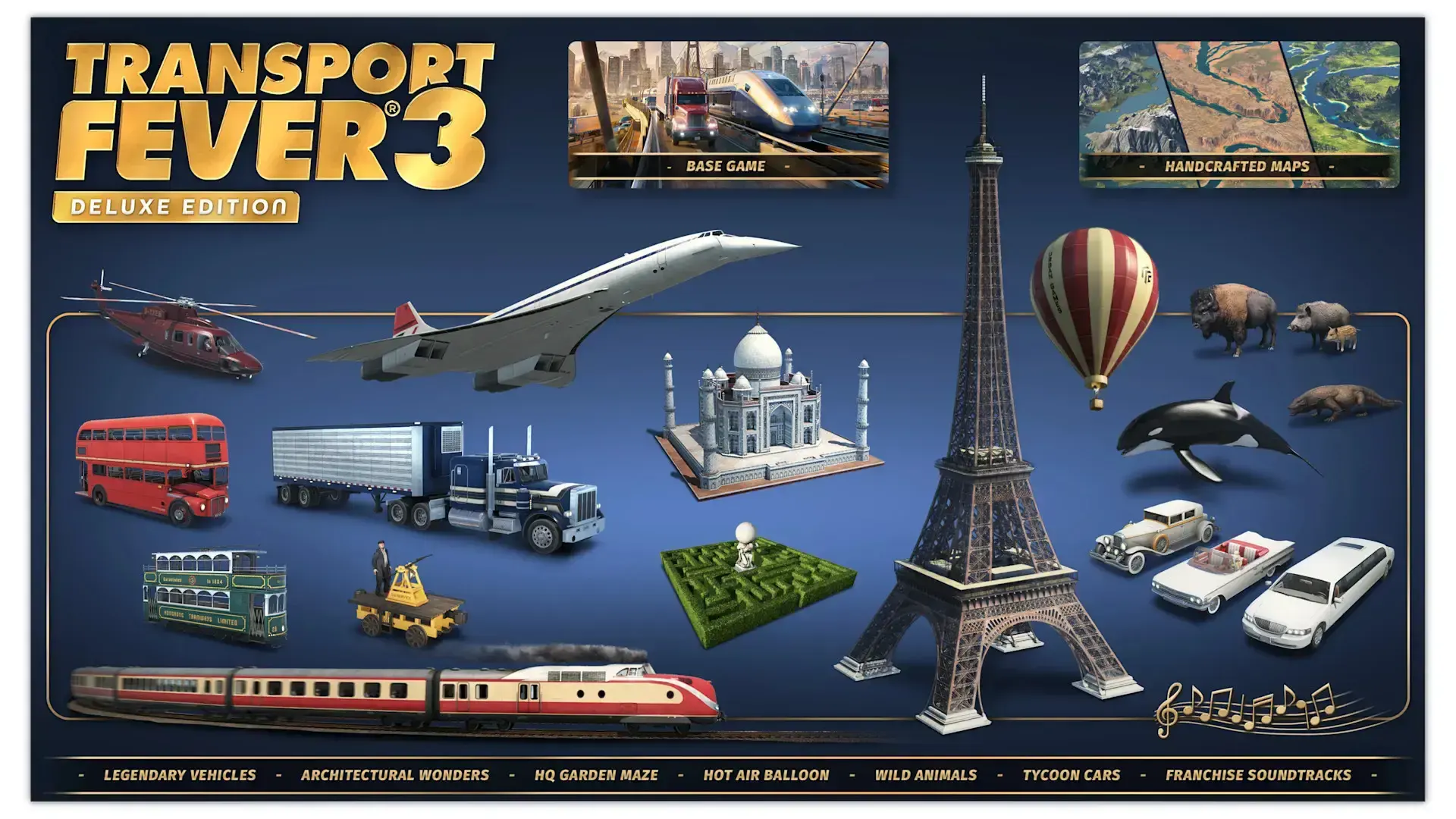 Transport Fever 3 Deluxe Edition promotional graphic with transport vehicles and landmarks.