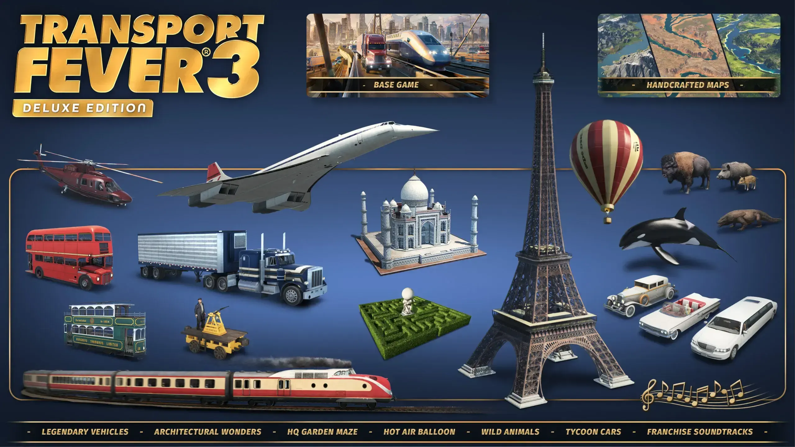 A labeled overview groups Transport Fever 3 Deluxe Edition vehicles, landmarks, wildlife, maps, and extras.