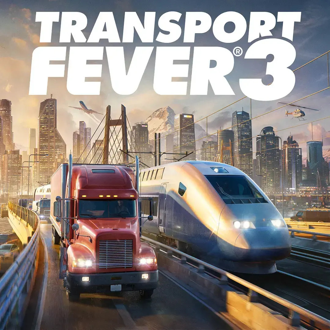 Transport Fever 3 Standard Edition cover art showing a red truck and passenger train in a city.