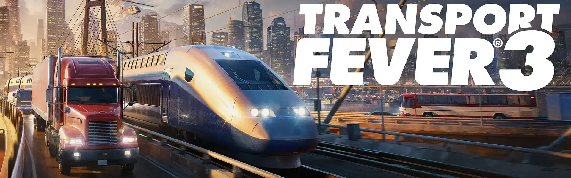 Transport Fever 3 release artwork showing a passenger train against a city backdrop.