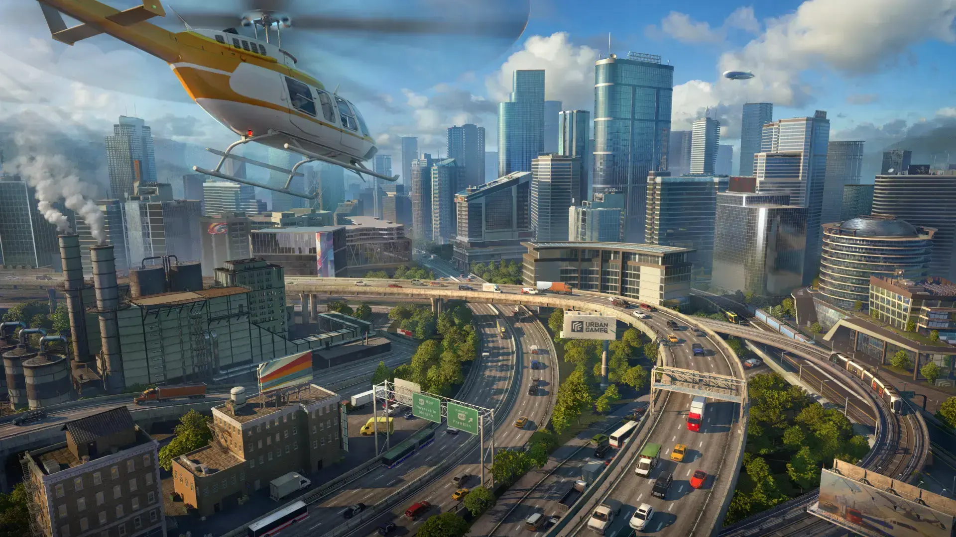 A Transport Fever 3 city network with roads, elevated rail, trains, and traffic.