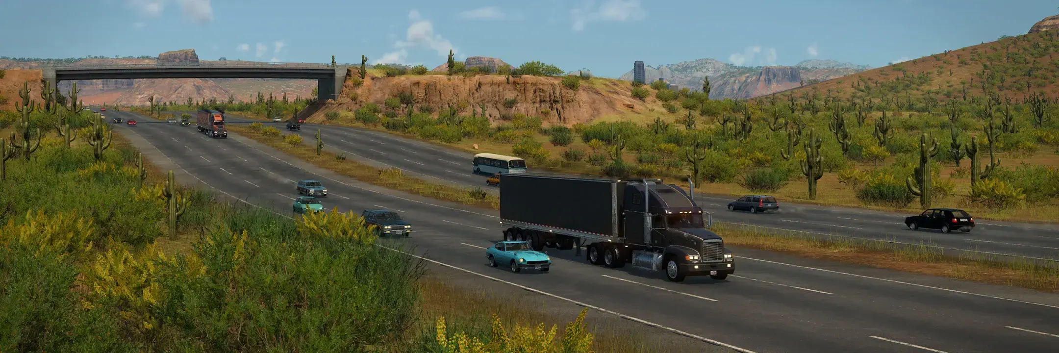 A wide city transport scene with buildings, rail lines, and passenger vehicles.