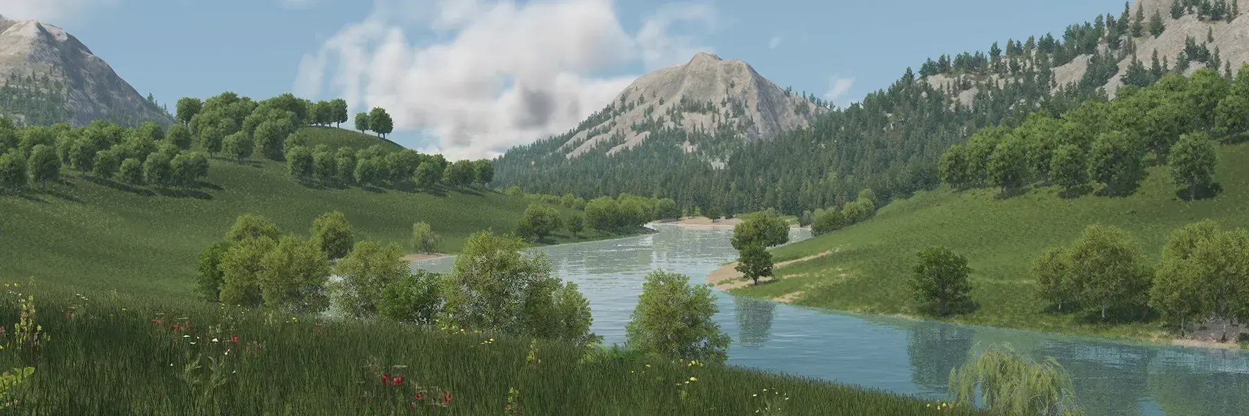 A broad temperate valley with a river, tree cover, and distant mountains.