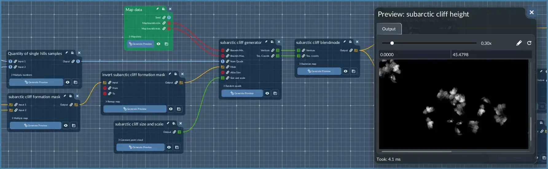 A terrain generator editor shows node connections and a terrain preview window.